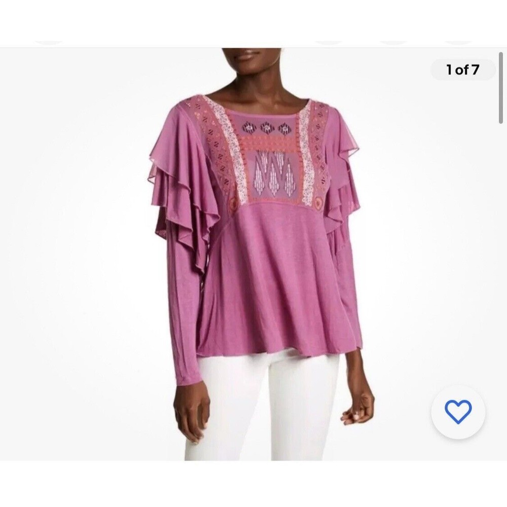 Free People Blouse Top Womens Medium La Cienega Wisteria Mauve Embroidered Sheer